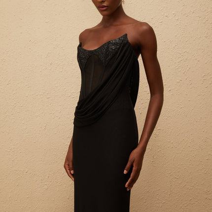 Ofelia Black Maxi Dress Boned Corset Bodice Sequin Embellishments Ruched Detailing Fitted Waistline Flared Hem Rear Zip Fastening Terylene Fiber