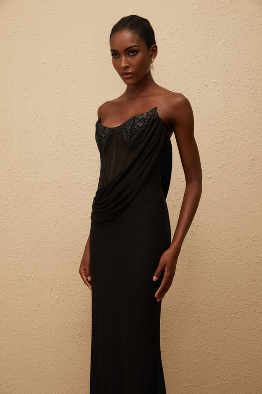 Ofelia Black Maxi Dress Boned Corset Bodice Sequin Embellishments Ruched Detailing Fitted Waistline Flared Hem Rear Zip Fastening Terylene Fiber