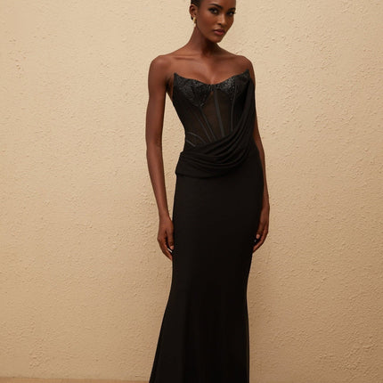 Ofelia Black Maxi Dress with Boned Corset Bodice, Sequin Embellishments, and Flared Hem