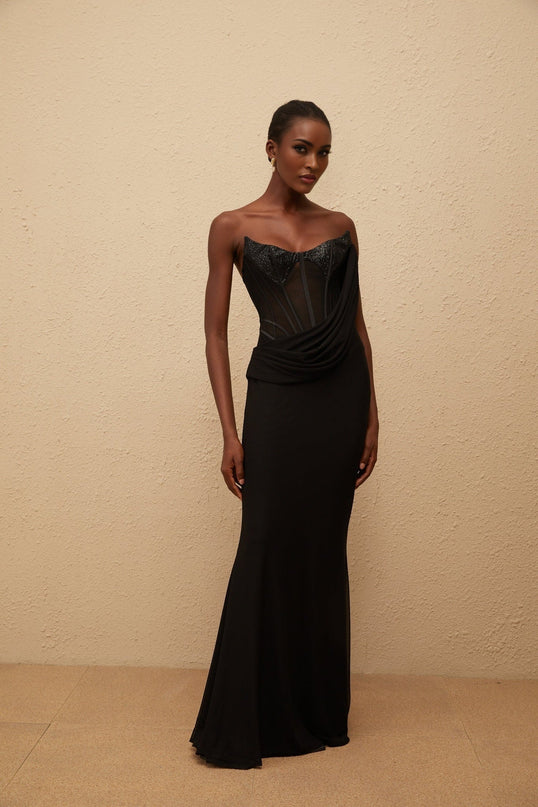 Ofelia Black Maxi Dress with Boned Corset Bodice, Sequin Embellishments, and Flared Hem