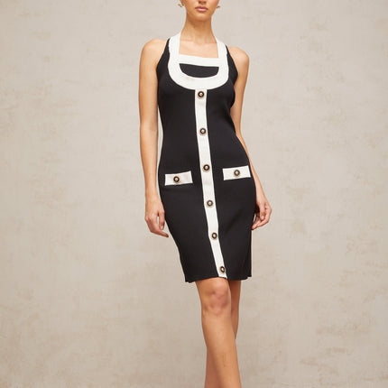 Ofelia Black and White Color Blocked Halter Knit Mini Dress with Button Detailing and Faux Pocket