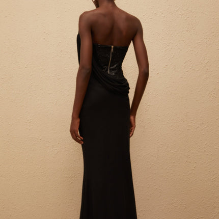 Ofelia Maxi Dress in Black with boned corset bodice, sequin embellishments, and flared hem