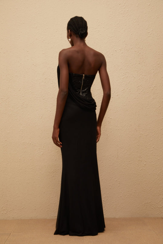 Ofelia Maxi Dress in Black with boned corset bodice, sequin embellishments, and flared hem
