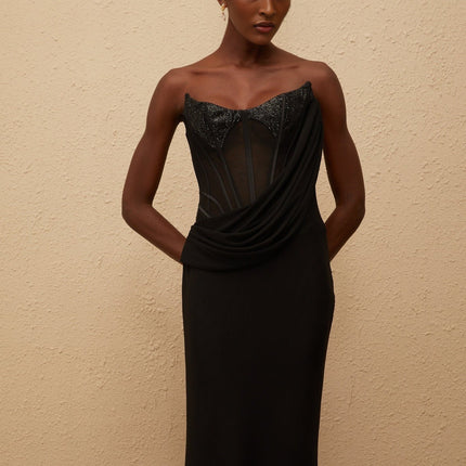 Ofelia Maxi Dress in Black with Sequin Embellishments and Flared Hem