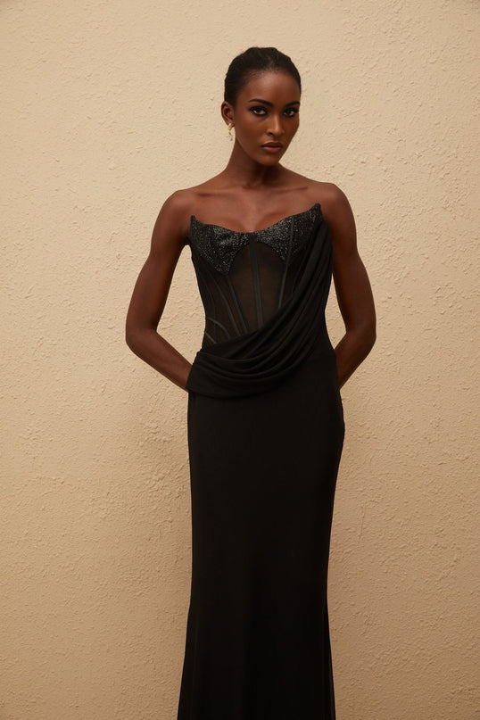 Ofelia Maxi Dress in Black with Sequin Embellishments and Flared Hem