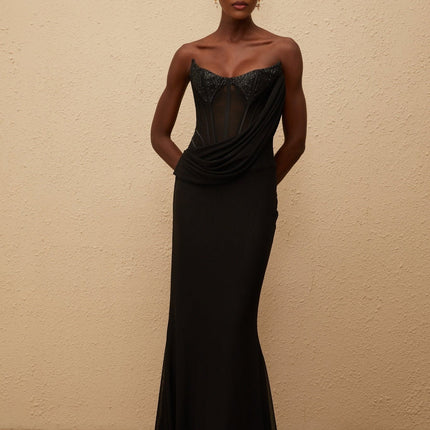 Ofelia Maxi Dress in Black off-the-shoulder boned corset bodice panelled design sequin embellishments ruched detailing fitted waistline flared hem rear zip fastening Terylene fiber special occasions glamour sophistication elegance
