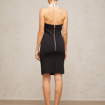 Ofelia Black and White Color Blocked Halter Knit Mini Dress