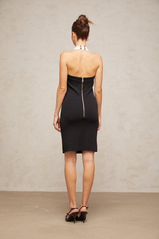 Ofelia Black and White Color Blocked Halter Knit Mini Dress