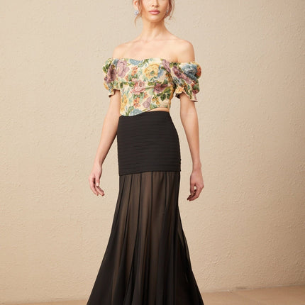 Ofelia Yellow Floral Cropped Top Shirred Hem Polyester Cotton