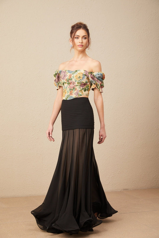 Ofelia Yellow Floral Cropped Top Shirred Hem Polyester Cotton