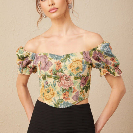 Ofelia Yellow Floral Cropped Top Shirred Hem Polyester Cotton Women's Fashion