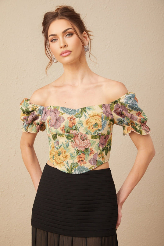 Ofelia Yellow Floral Cropped Top Shirred Hem Polyester Cotton Women's Fashion