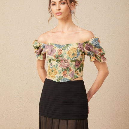 Ofelia Yellow Floral Cropped Top Shirred Hem Polyester Cotton Blend Women's Fashion