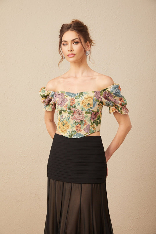 Ofelia Yellow Floral Cropped Top Shirred Hem Polyester Cotton Blend Women's Fashion