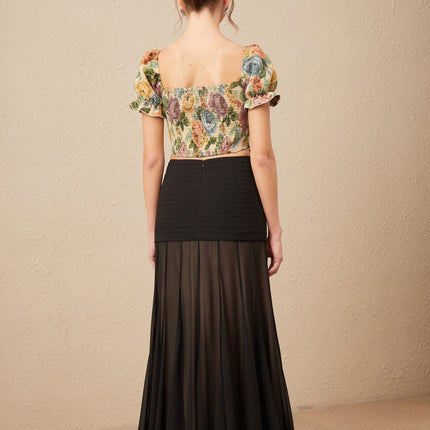 Ofelia Yellow Floral Cropped Top Shirred Hem Polyester Cotton Blend Women's Blouse