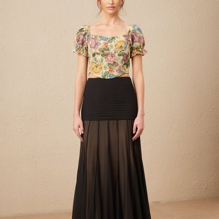 Ofelia Yellow Floral Cropped Top Shirred Hem Polyester Cotton Blend Women's Fashion