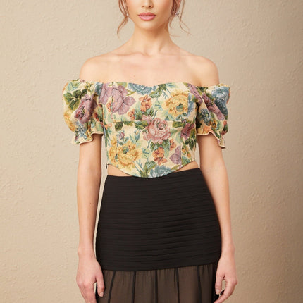 Ofelia Yellow Floral Cropped Top Shirred Hem Polyester Cotton Blend Women's Fashion