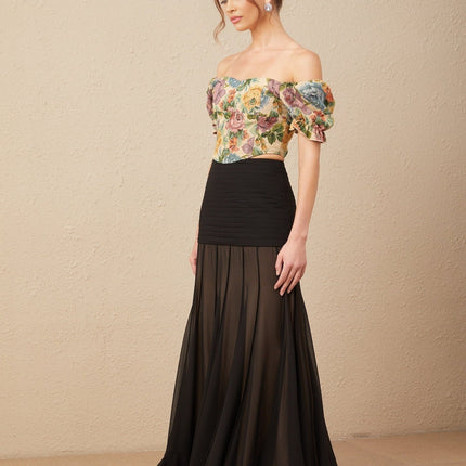 Ofelia Yellow Floral Cropped Top Shirred Hem Polyester Cotton Blend Women's Fashion