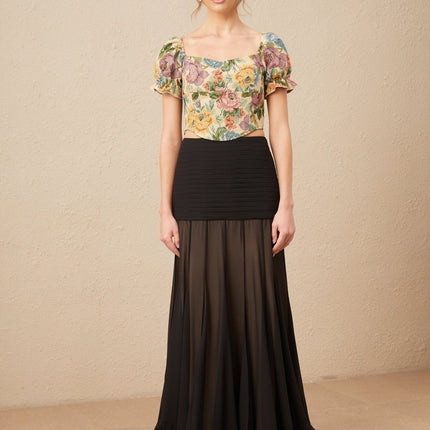 Ofelia Yellow Floral Cropped Top Shirred Hem Polyester Cotton Women Fashion