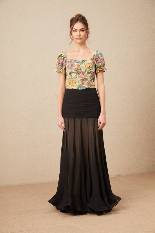 Ofelia Yellow Floral Cropped Top Shirred Hem Polyester Cotton Women Fashion