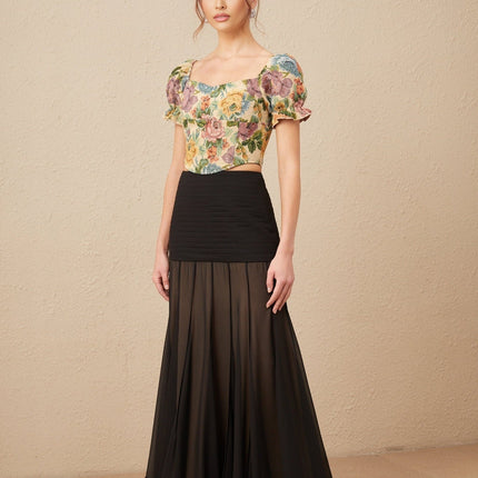 Ofelia Yellow Floral Cropped Top Shirred Hem Polyester Cotton Women's Blouse