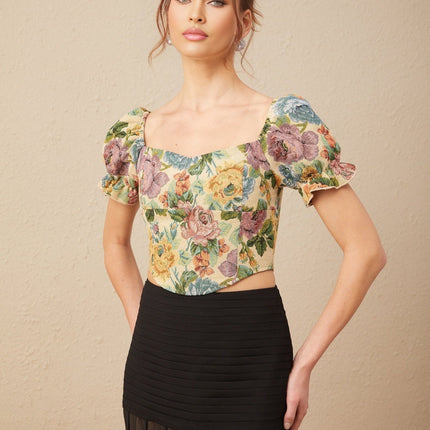 Ofelia Yellow Floral Cropped Top Shirred Hem Polyester Cotton Blend Women's Fashion