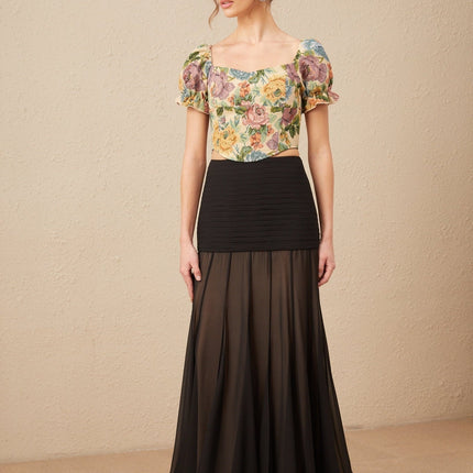 Ofelia Yellow Floral Cropped Top Shirred Hem Polyester Cotton Women's Blouse