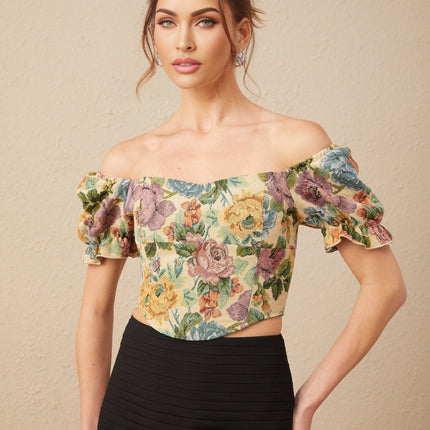 Ofelia Yellow Floral Cropped Top Shirred Hem Polyester Cotton Women's Fashion