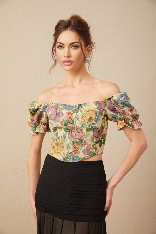 Ofelia Yellow Floral Cropped Top Shirred Hem Polyester Cotton Women's Fashion
