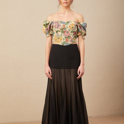 Ofelia Yellow Floral Cropped Top Shirred Hem Polyester Cotton Blend Women's Fashion