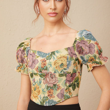 Ofelia Yellow Floral Print Cropped Top Shirred Hem Polyester Cotton Blend Women's Fashion