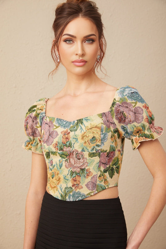 Ofelia Yellow Floral Print Cropped Top Shirred Hem Polyester Cotton Blend Women's Fashion