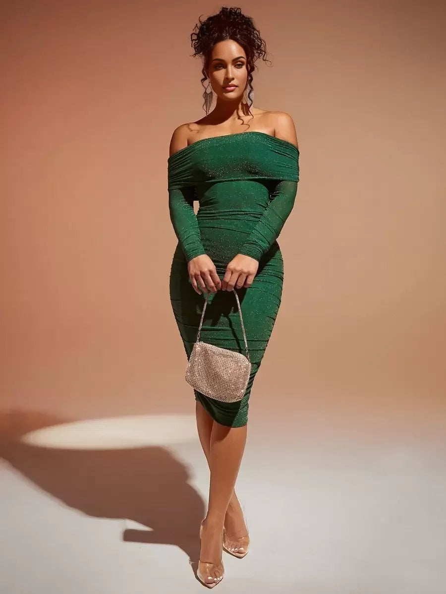 Off Shoulder Ruched Glitter Bodycon Dress