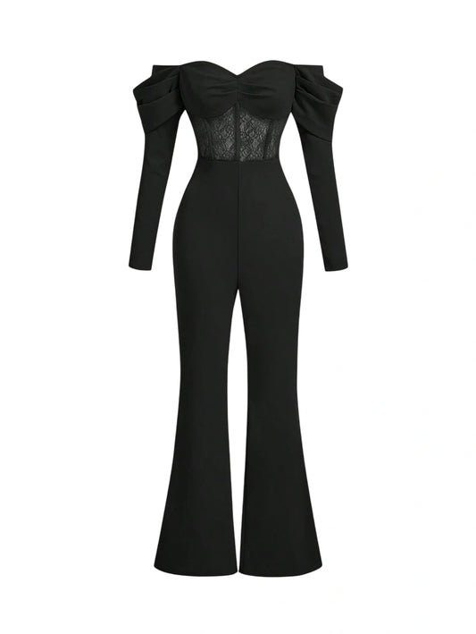 OffShoulder Sheer Lace Black Jumpsuit With Fitted Flare PantsSpringSummerValentine Day Cruise