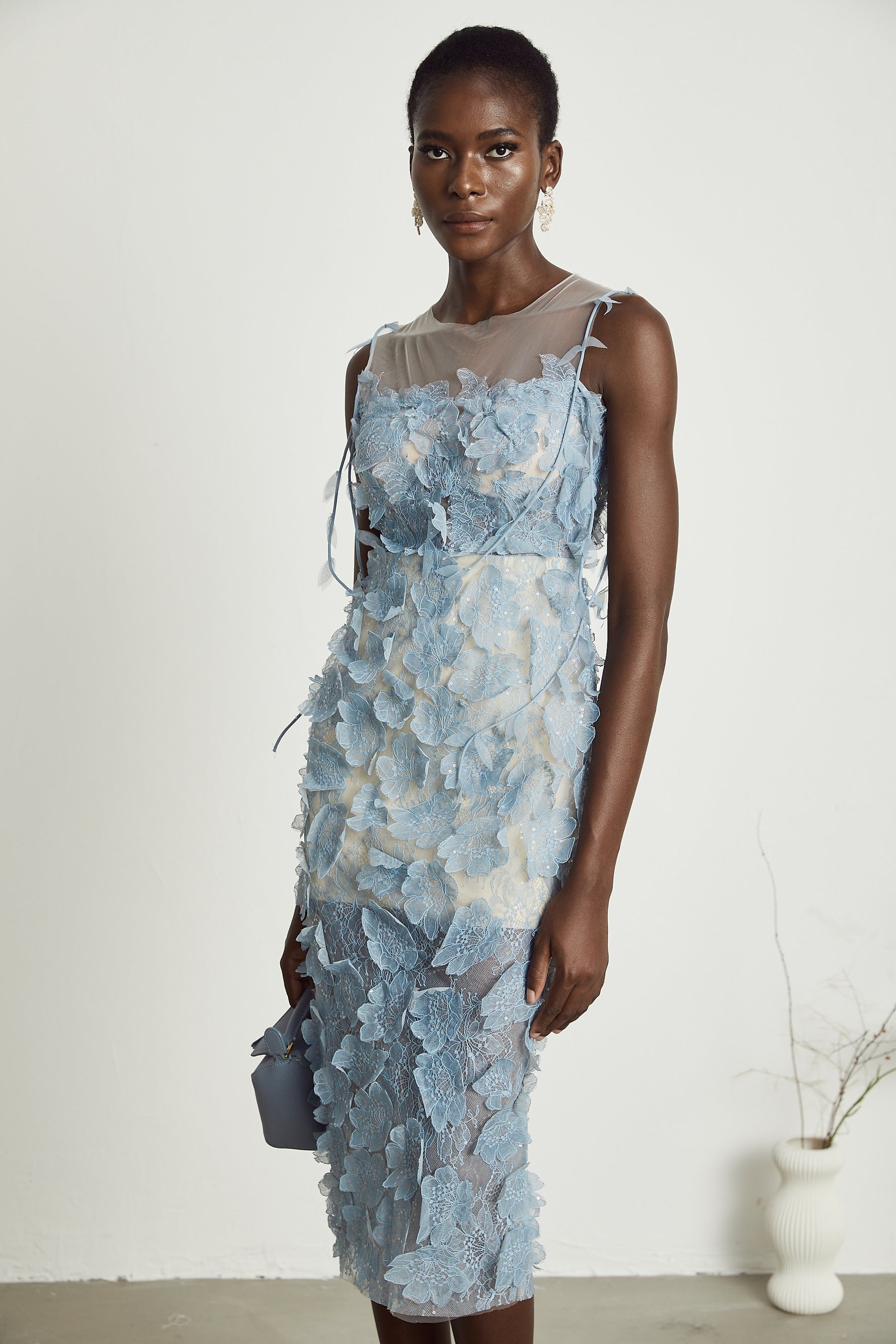 Olessia fauxflower lace midi dress