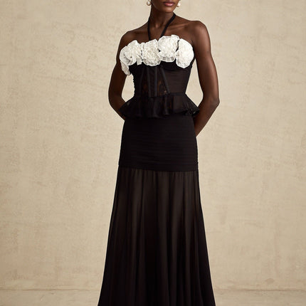 Olga Black Lace Corset Top with Faux-Flower Design and Ruffled Hem