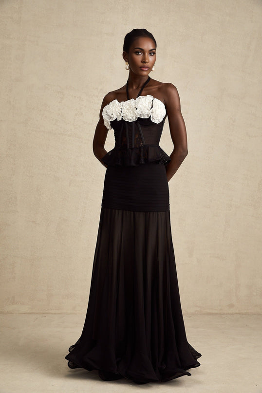 Olga Black Lace Corset Top with Faux-Flower Design and Ruffled Hem