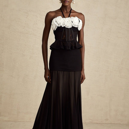 Olga Black Lace Corset Top with Faux-Flower Design Halterneck Bustier Ruffled Hem 80% Polyamide 20% Acrylic
