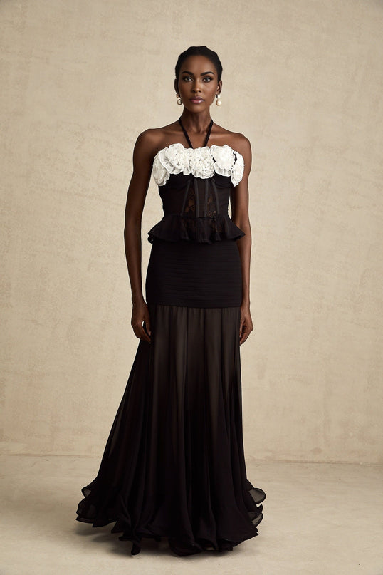 Olga Black Lace Corset Top with Faux-Flower Design Halterneck Bustier Ruffled Hem 80% Polyamide 20% Acrylic