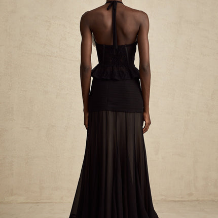 Olga Black Lace Corset Top with Faux-Flower Design Halterneck and Ruffled Hem in Polyamide and Acrylic
