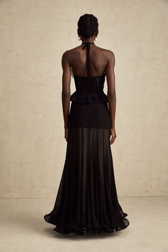Olga Black Lace Corset Top with Faux-Flower Design Halterneck and Ruffled Hem in Polyamide and Acrylic