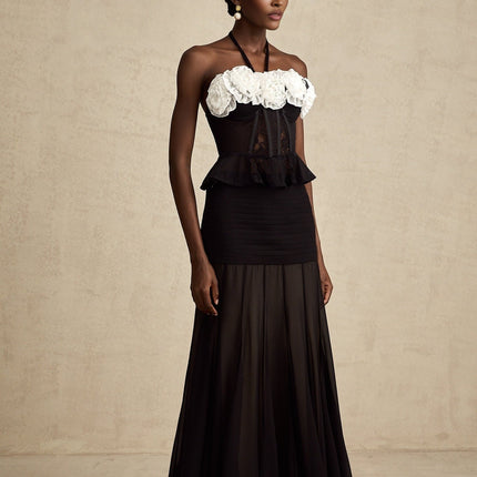 Olga Black Lace Corset Top with Faux-Flower Design and Ruffled Hem in Polyamide and Acrylic