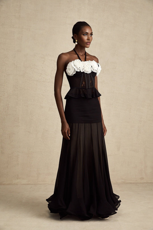 Olga Black Lace Corset Top with Faux-Flower Design and Ruffled Hem in Polyamide and Acrylic