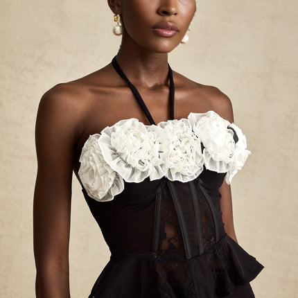 Olga Black Lace Corset Top with Faux-Flower Design and Ruffled Hem in 80% Polyamide and 20% Acrylic