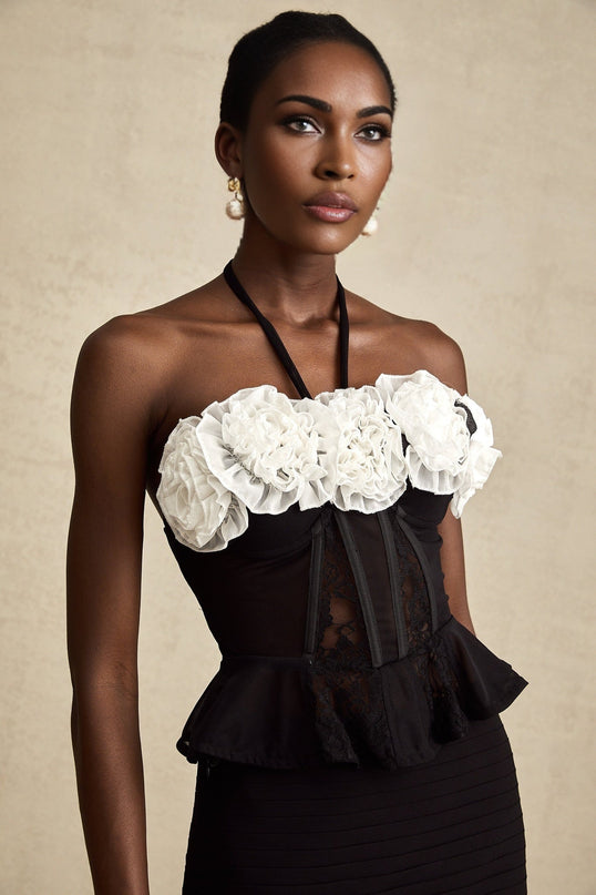 Olga Black Lace Corset Top with Faux-Flower Design and Ruffled Hem in 80% Polyamide and 20% Acrylic