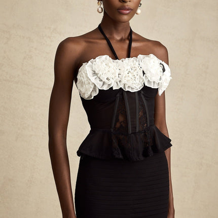 Olga Black Lace Corset Top with Faux-Flower Design and Ruffled Hem in Polyamide and Acrylic Blend