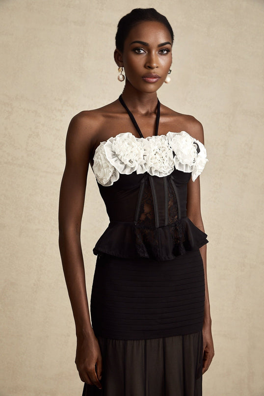 Olga Black Lace Corset Top with Faux-Flower Design and Ruffled Hem in Polyamide and Acrylic Blend
