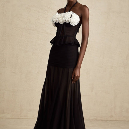 Olga Black Lace Corset Top with Faux-Flower Design and Ruffled Hem in Polyamide and Acrylic Blend