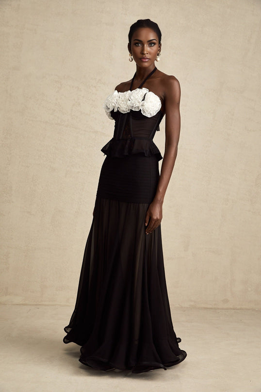 Olga Black Lace Corset Top with Faux-Flower Design and Ruffled Hem in Polyamide and Acrylic Blend