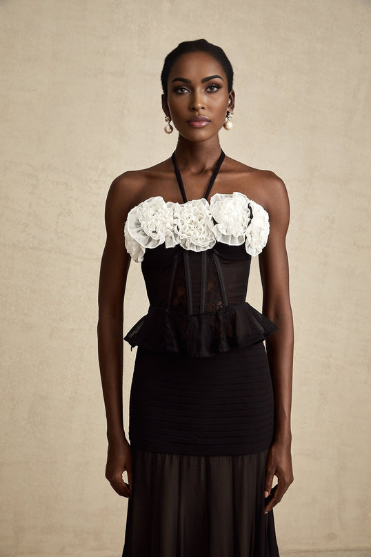 Olga Black Lace Corset Top with Faux-Flower Design Halterneck Bustier Ruffled Hem 80% Polyamide 20% Acrylic